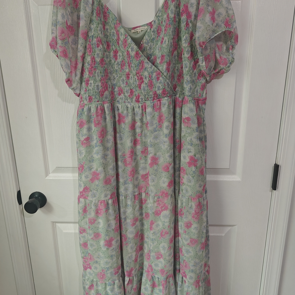 Floral Pink and Green Midi Dress
